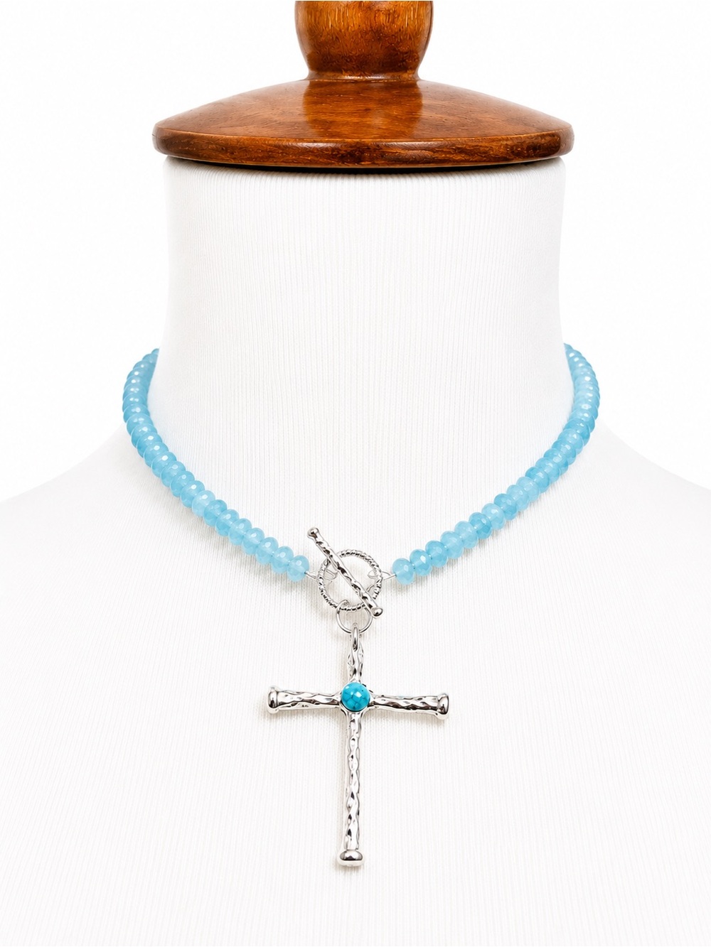 Necklace Silver Turquoise Blue Glass Handmade Beaded Cross New! Toggle Jewelry